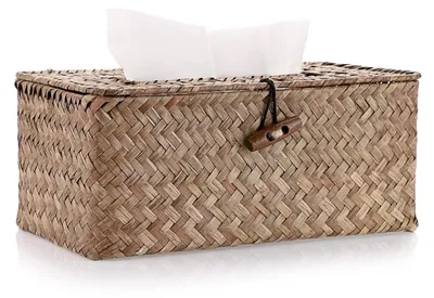 Obrázek produktu pro Dřevěná krabička na kapesníky, obdélníkového tvaru, vyrobená z mořské trávy, rozměry 27 x 12,5 x 9 cm. Barva: káva