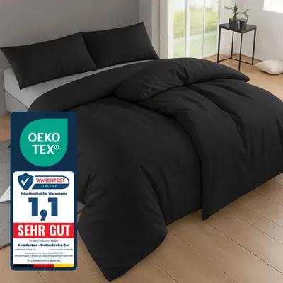 Produktbild von Komfortec Bettwäsche 155x220 4teilig Bettwäsche-Sets 2 Bettbezüge 155x220 cm + 2 Kissenbezüge 40x80 cm, Schwarz mit Reißverschluss