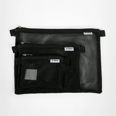 Produktbild von TRYIT Meshbeutel 3er-Set | Schwarz | Aufbewahrungsbeutel aus recyceltem Polyester | leicht & robust mit Reißverschluss | ideal für Reise, Alltag