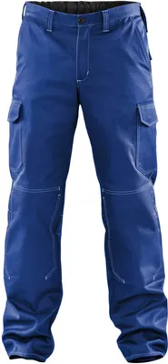 A pair of blue cargo pants is shown against a white background.