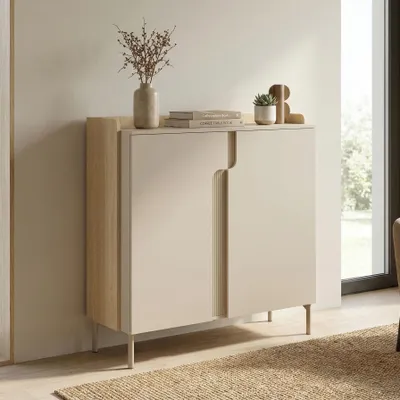 Produktbild von BEAUTYSOFA | Kommode POSITIVO Sideboard Macadamia & Eiche Mavelie 103,2 x 110 x 42 cm – Moderne Kommode mit Tip-On-System für Tür