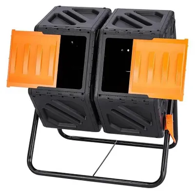 Image de Compostier de jardin - bac à compost rotatif 140 l - double compartiment - pivotant à 360° - PP sans BPA - capacité de charge 40 kg - vert militaire