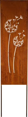 A garden stake with a rusted metal finish featuring a cut-out design of two dandelions with seeds blowing away.