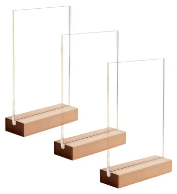 Produktbild von 3 Stück Tischständer im A6-Format, aus Acryl mit Holzfuß, beidseitig für Speisekarten und Werbematerialien
