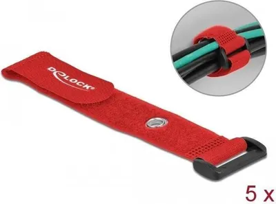 Imagen del producto de Abrazadera de velcro Delock con bucle y ojete de sujeción, de 190 x 25 mm, color rojo, paquete de 5 unidades