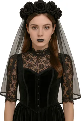 Produktbild von Halloween Krone Kopfschmuck Mit Schwarzen Blumen Schleier Gothic Stil Maskerade Mystisch Dunkel Accessoire Rose Vintage Märchen Königin, Farbe: Schwarz