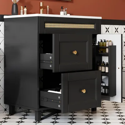 Image de Meuble-lavabo de salle de bains 76 x 46 x 86,5 cm, noir – Meuble-lavabo sur pied avec portes à fermeture amortie, poignées dorées, détails en rotin, vasque en céramique