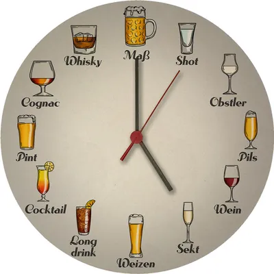 Produktbild von Alkoholische Getränke Wanduhr aus MDF mit Bier, Wein und Co.