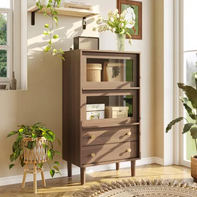 Produktbild von Vitrine mit 2 Schubladen und Flügeltüren aus Glas, Sideboard mit Metallgriffen, Walnussoptik, MDF+ Glas, 60 x 35 x 110 cm