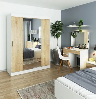 Obrázek produktu pro Prostorná šatní skříň 150 cm VALESTRA se zrcadly - bílá / dub sonoma