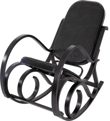 A black rocking chair with a wooden frame is shown against a white background.