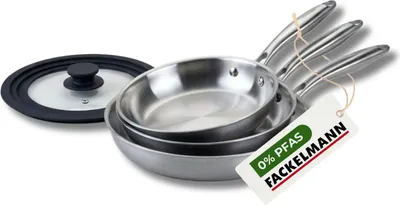 Image de Set de 3 poêles de cuisson 20/24/28 cm en acier inoxydable avec 1 couvercle de cuisson universel Fackelmann Vita3