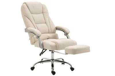 A cream-colored office chair with an extended footrest is shown against a white background.