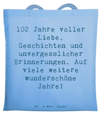 Produktbild von Mr. & Mrs. Panda Schultasche Spruch 102. Geburtstag - Sky Blue - Geschenk, Jubilar, Glückwunsch, Uni Tasche, Glückwünsche, Liebe, Happy Birthday, Laptoptasche, Beutel
