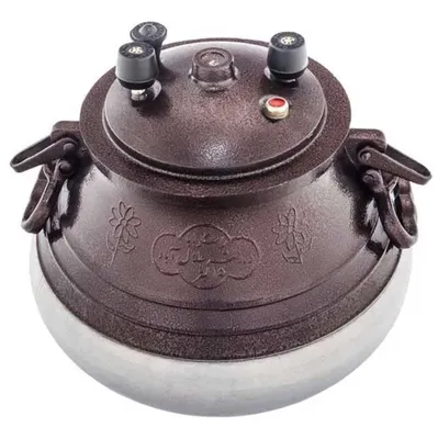 A traditional pressure cooker with decorative elements.