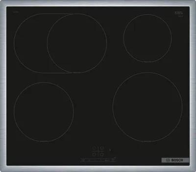 A top-down view of a black induction cooktop with four heating zones and control panel.