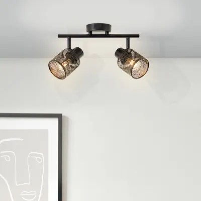 Zdjęcie produktu dla BRILLIANT – czarna lampa sufitowa BANO | Podwójny reflektor sufitowy z kloszem w kwiatowy wzór | 2x E14, maks. 40 W | Metal