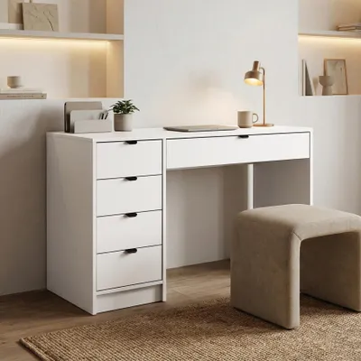 Produktbild von Beautysofa - Schreibtisch 120 cm, Moderner Computertisch mit Griffe und 5 Schubladen und Stauraum, Bürotisch in Weiß, Homeoffice Arbeitstisch Malta