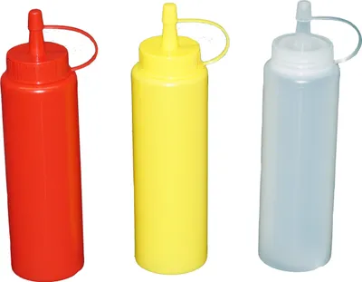 Produktbild von Je 1 Stück rot, gelb, transparente Quetschflaschen 0,26 Liter Dosierflasche Spenderflasche Dressingflasche