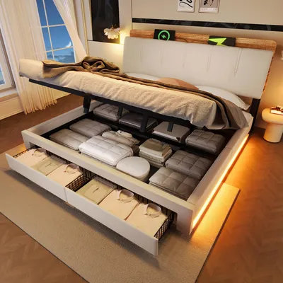Produktbild von okwish Polsterbett 180x200 Doppelbett mit LED-Beleuchtung(Drucktaste und Appdienung) Jugendbett Funktionsbett mit USB Typ-C Ladefunktion Stauraumbett mit Schubladen Beige(ohne Matratze)