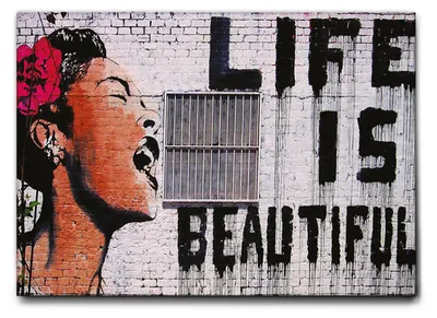 Produktbild von Giallobus - Das Leben ist wunderschoen - Banksy - 140L x 100B cm - Bild - Leinwand mit Standardrahmen