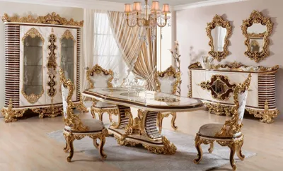 Produktbild von Goldene Klassische Esszimmer Garnitur Esstisch 6x Stühle Kommode Spiegel
