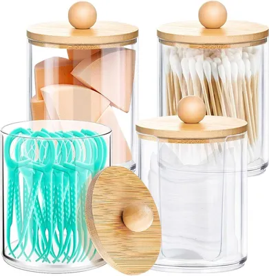 Set von 4 Acryl Halter für Wattestäbchen und Wattepads mit Bambusdeckel für Badezimmer, Schlafzimmer und Wohnzimmer