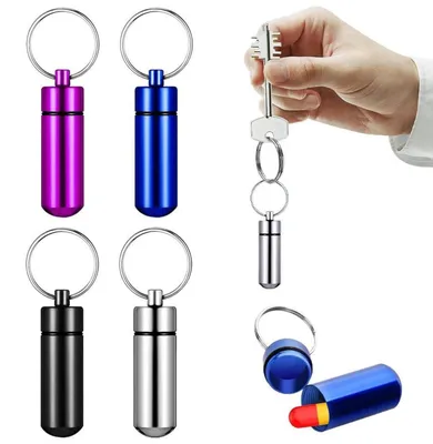 Image de Boîtes à pilules avec porte-clés, lot de 4, mini, en aluminium, étanches, pour les voyages et les activités de plein air