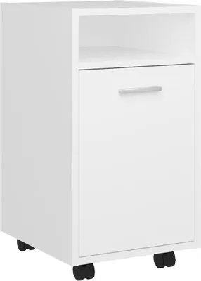 A white mobile filing cabinet with one drawer and an open shelf on top, shown from a three-quarter front angle on a white background.
