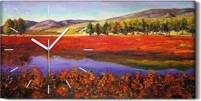 Produktbild von Leinwand Wanduhr Wandkunst Uhr 60x30 Bild Baum Aquarell Wasser Gras Berg - weiße Hände