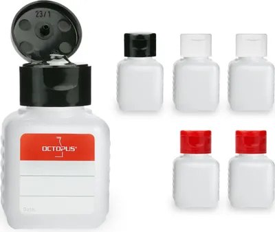 Obrázok produktu pre 6 plastových fliaš 50 ml hranatých z HDPE, G25, sklopné viečko, po 2 ks čierne, červené, biele