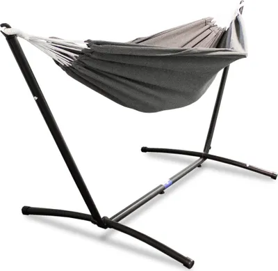 Produktbild von Lacestone Hängematte Anthrazit mit Gestell, max. 120 kg, 11 kg. Inkl. Tragetasche. Gestell (TxBxH): 270x110x110 cm, Liegefläche (TxB): 180x140 cm. Materialien: Stahl (pulverbeschichtet), Baumwolle, Polyester, Viskose. Für Garten, Entspannung & 1-2 Personen, einfache Montage.