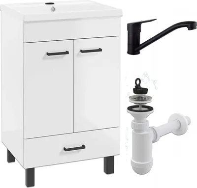 A white bathroom vanity with a sink, a black faucet, and a white siphon are displayed against a white background.