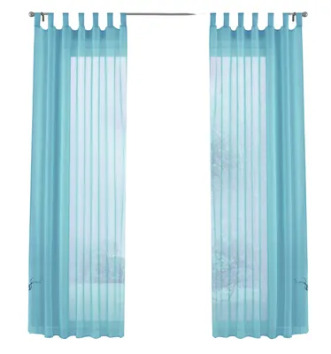 Two sheer light blue curtains hanging from a rod against a white background.
