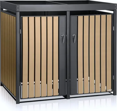 A two-door trash can enclosure with a wood-look finish on the doors and an anthracite frame, shown in a studio setting with a white background.