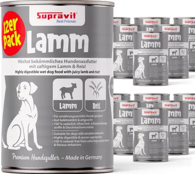 Produktbild von Supravit Hundenassfutter mit Lamm & Reis 12 x 410g Dosen | Nassfutter getreidefrei gut verdaulich und verträglich