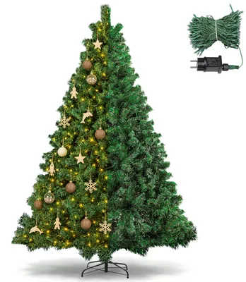 Zdjęcie produktu dla Sztuczne drzewko świąteczne Vigevee, 210 cm, z 400 ciepłobiałymi diodami LED, 1200 ozdobami, wykonane z materiału przypominającego jodłę, z metalową podstawą, idealne do salonu