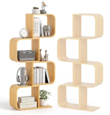 Immagine prodotto di Scaffale a forma di "S" con 4 ripiani, in bambù, ideale per l'arredamento e la suddivisione degli ambienti, in stile naturale