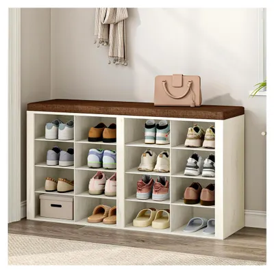 Produktbild von Schuhbank mit Sitzfläche und 16 Fächern, Schuhschrank mit verstellbaren Ablagen für Wohnzimmer, Schlafzimmer, Flur, Vintagebraun-Weiß