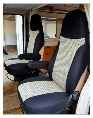 Produktbild von Maß Sitzbezüge Schonbezüge Pilotsitze Fahrer & Beifahrer Set kompatibel mit Wohnmobil FIAT Ducato 812 Schwarz/Beige