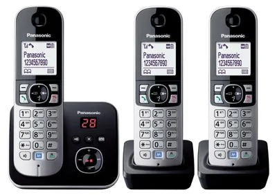 Productafbeelding van Panasonic KX-TG6823: Draadloos telefoonapparaat met lage stralingsuitstoot, ingebouwde antwoordapparaat, nummerweergave, 2 extra handsets, 15 uur spreektijd, 7 dagen stand-by, handsfree functie, DECT