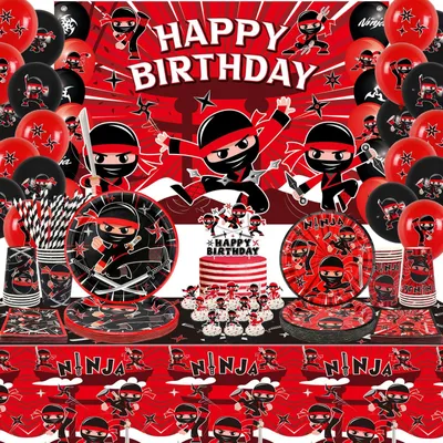 Immagine prodotto di Omgoods - Decorazioni per feste a tema ninja - Sfondo "Buon Compleanno" - Stoviglie - Tovaglia - Palloncini - Adatto per 20 persone - Decorazioni per feste
