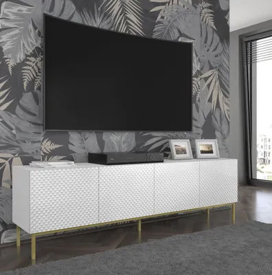 Zdjęcie produktu dla Szafka pod TV RAVENNA C 200 cm 4D rama BIAŁY MAT / BIAŁY GLANZ frezowana w kształcie rombu płyta niska z metalowymi nogami Szafka stojąca Szafka pod TV Nowoczesna szafka pod TV Loft Kredens Stolik HiFi Złoty lub Czarny metalowa rama nogi z frezowanym rombem