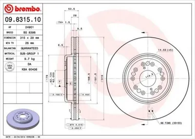 Produktbild von 2x BREMBO 09.8315.10 Bremsscheibe Vorderachse