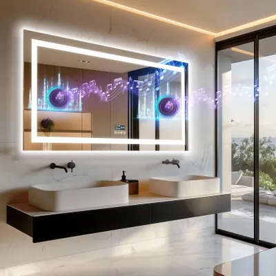 Image de Miroir de salle de bain Vrygle LED 140 x 70 cm avec éclairage, Bluetooth, horloge, température et date, désembuage, 3 couleurs de lumière, intensité réglable, fonction mémoire
