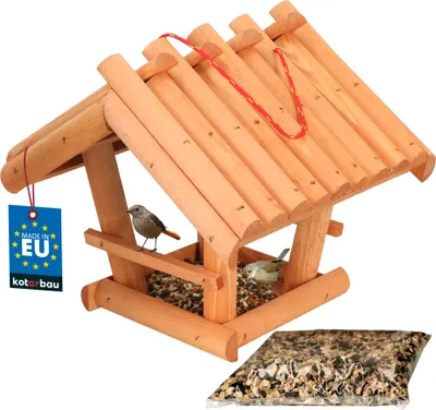 Obrázek produktu pro KOTARBAU® Ptačí budka na zavěšení 28 x 28 x 26 cm Dřevěná ptačí budka Krmítko pro ptáky + ptačí krmivo 0,5 kg Ptačí krmítko Přírodní oranžová