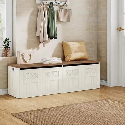 Imagen del producto de Zapatero con espacio de almacenamiento, 150 cm, blanco y marrón, estilo rústico