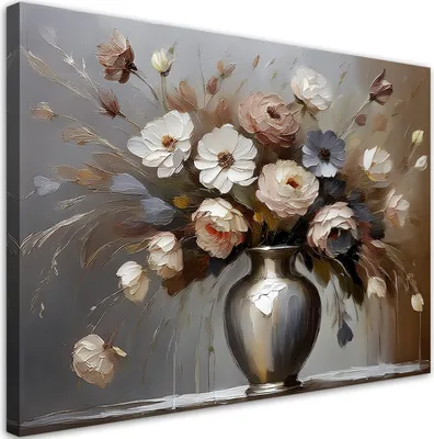 Produktbild von Leinwandbild Blumen in Vase Gemalt 120x80 Feeby Grau bild für die wand bereit zum aufhängen