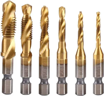 Produktbild von HSS-Gewindebohrer-Set, 2-in-1-Kombinationsbohrer und Gewindebohrer, M3 bis M10, titanbeschichtet, HSS metrisch, Sechskantschaft