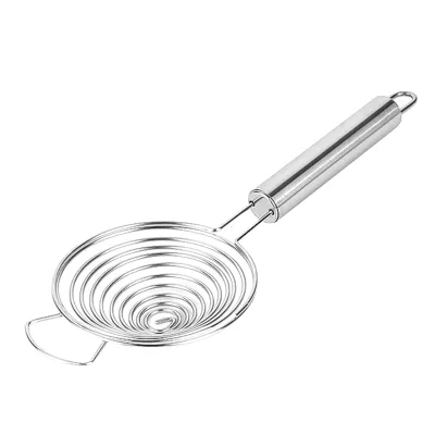 A stainless steel egg separator is shown against a white background.